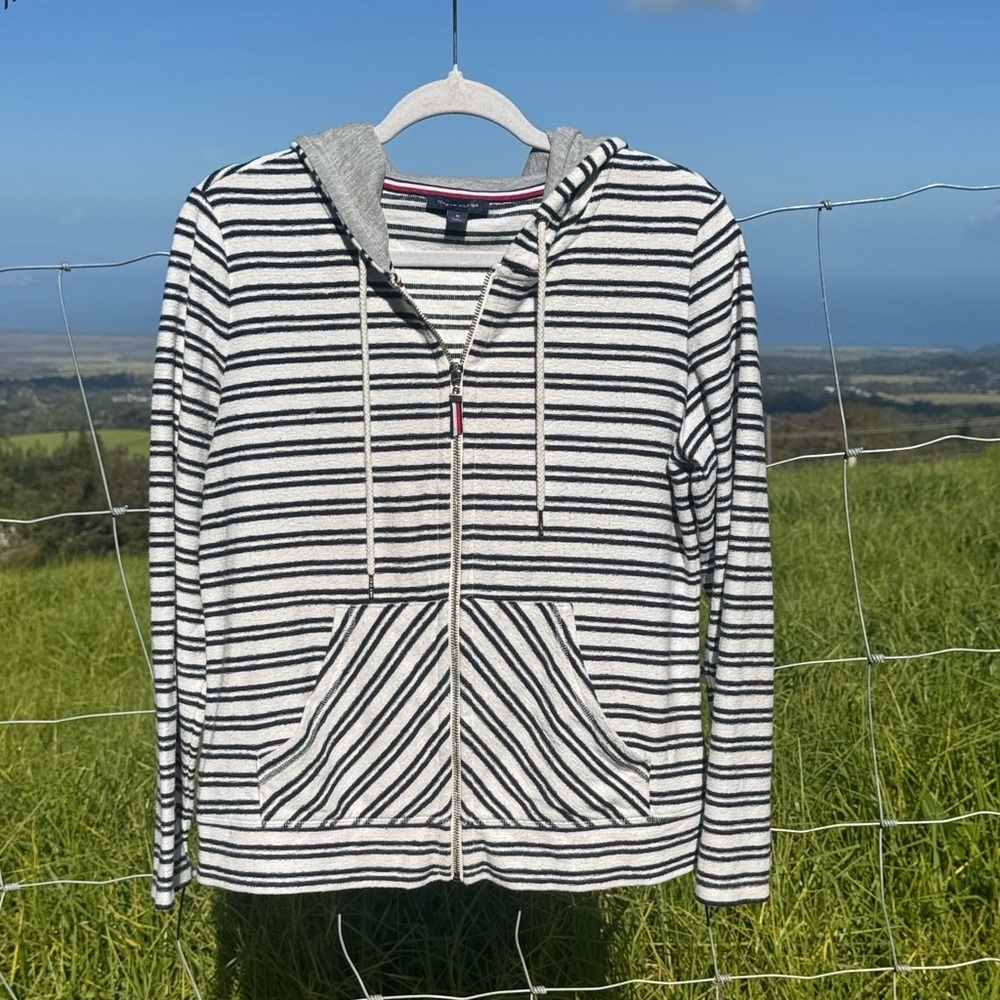 Tommy Hilfiger Y2k Preppy black white striped full zip terry hoodie pockets M